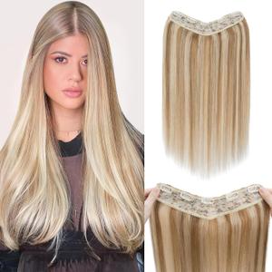 Benehair One Piece Clip in Hair Extensions Real Human Hair 3/4 Full Head V Shaped Weft Thicker Hair Lace Net One Piece Hair Extensions with 5 Clips (14"-55g #12P613 Golden Brown Mixed Bleach Blonde) (14 Inch, Golden Brown Mixed Bleach Blonde)