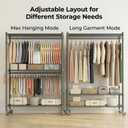 Homdox Rolling Clothes Rack Heavy Duty, 3-Tier Adjustable Wire Shelving Garment Organizer with Double Rods & Hooks, Portable Clothes Rack with Wheels, 17.72" D x 47.24" W x 80.71" H, Grey