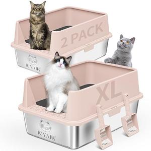 2PACK Stainless Steel Cat Litter Box with High Sides Lid, Extra Large XL Litter Box for Big Cats, Metal Kitty Litter Boxes with Anti-Leakage Enclosure, Non-Stick, Odorless, Scoop Included, Pink