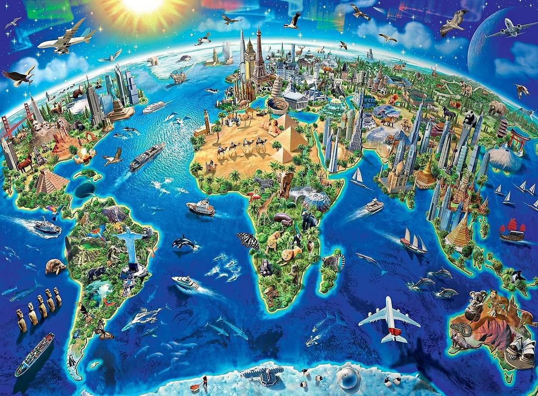 1000 Piece World Landmarks Map Jigsaw Puzzle for Adults, School Supplies, World Map Puzzle