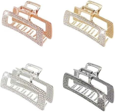 WORTL 3.5 Inch Square Metal Large Claw Clips, 4 Pack Rhinestones Hair Clamps for Women and Thinner,Thick hair styling,Strong Hold jaw clips