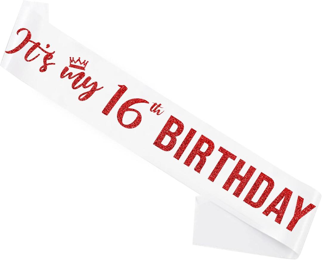 Sweet 16 Sash Red,Its My 16th Birthday Sash,16th Birthday Sash for Girls,Glitter Letter 16th Birthday Sash for Girls,Happy 16th Birthday Party Decorations,White and Red