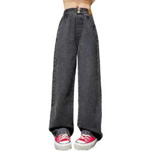 Kids Girls Baggy Jeans Casual Wide Leg High Waist Denim Pants Size 5-14 Years (10-11 Years, Black)