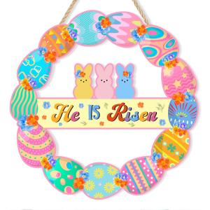 Pink Happy Easter Wreaths for Front Door Peeps Decorations for home Sign Easter Eggs Decor Wooden Wall Decor for Home Office Bathroom Bedroom Living Room Door Wall Party Supplies 10x10x0.12 inches (Risen3)