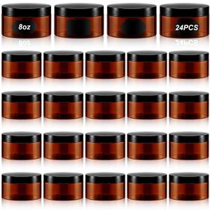 Dandat 24 Pcs 8 oz Plastic Jar Container with Lid and Label Refillable Empty Round Amber PET Cosmetic Sample Slime Containers for Lotion, Cream, Ointments, Body Butter, Makeup, Travel Storage