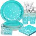 175PCS Teal Party Decorations, Turquoise Paper Plates Serve 25, Teal Plates and Napkins With Silver Plastic Silverware for Birthday, Graduation Party, Wedding, Baby Shower