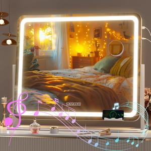 Hasipu Vanity Mirror with Lights and Bluetooth Speaker, 24" x 20" LED Makeup Mirror, Light up Mirror with 10X Magnification, USB Charging Port and Type-C, Smart Touch 3 Colors Dimmable (Round White)
