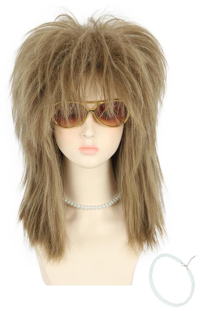 yuehong Long Light Brown Women Wig Mullet Wig 70s 80s Rocker Wig Heavy Metal Style Cosplay Costume Wig with Necklace