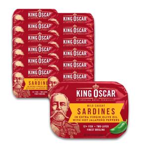 King Oscar Wild Caught Sardines in Extra Virgin Olive Oil, Hot Jalapeno Peppers, 3.75 Ounce (Pack of 12) (3480000656) (EXP 01/15/31)