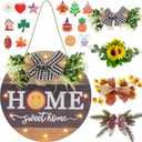 Interchangeable Seasonal Welcome Sign Front Door Decoration with 4 Seasonal Wreaths and LED Light, Rustic Round Wood Wreaths Wall Hanging Outdoor, Farmhouse Front Door Decoration Home Dcor