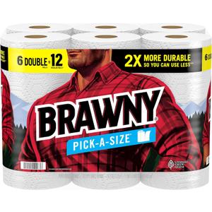 Brawny Pick-A-Size Paper Towels, 6 Double Rolls = 12 Regular Rolls, 2 Sheet Sizes (Half or Full), Strong Paper Towel For Everyday Use