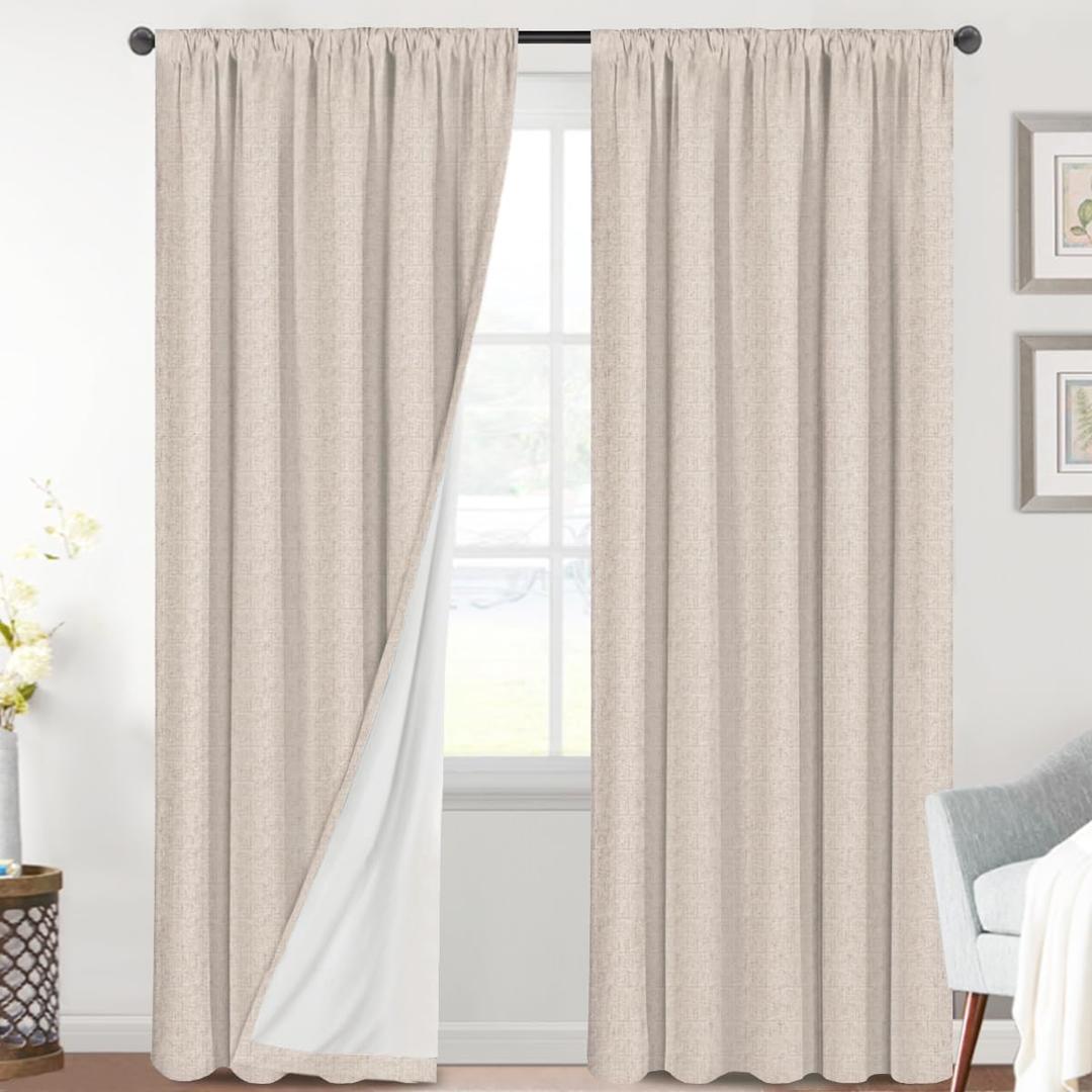 H.VERSAILTEX Linen Look 100% Blackout Curtains 95 Inches Long for Bedroom Full Light Blocking Rod Pocket Linen Textured Thick Window Curtain Drapes with White Backing, Natural, 2 Panels