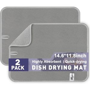 14.6*11.8 inch Microfiber Dish Drying Mat,2 Compact Ultra Absorbent Dish Mat Drying Kitchen Mat,Small Dish Drying Mats for Kitchen Counter,Draining Racks,Sinks (Gray)