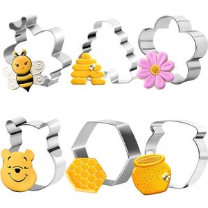 6Pack Bee Cookie Cutters Set, Beehive,Honey Jar,Winnie the Pooh,Flower Shapes Stainless Steel Biscuit Molds for Honey Bee Party Baking Muffins Sandwiches Cake Fondant Birthday Decoration