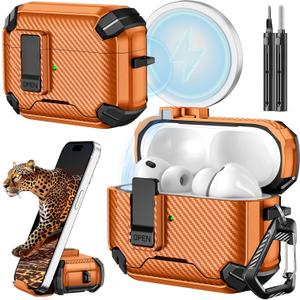 Inesore for AirPods Pro 3 Case (2025) with Phone Stand & Cleaning Kit,Compatible with Magsafe,Magnetic Automatic Lock Cover for AirPods Pro 3rd Generation,Orange