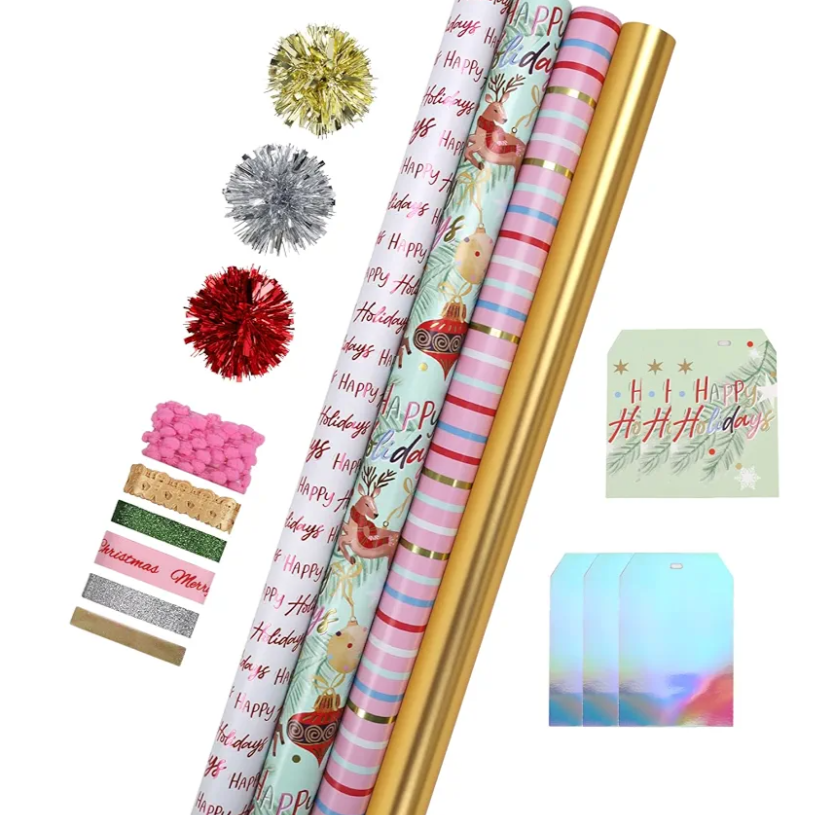 LaRibbons Christmas Wrapping Paper Sets, Classic Reindeer Stripes & Happy Holiday Design with Ribbons & Gift Tags & Metallic Pom Pom for Christmas, Holiday，30Inch × 10Feet（ 4 Rolls: 100 Sq.Ft.Ttl）
