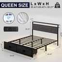 Queen Bed Frame with 2 Drawers, Platform Bed Frame with LED Lights and Charging Station, Upholstered Headboard, Heavy Duty Metal Slats, No Box Spring Needed, Noise Free, Easy Assembly