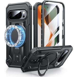 FNTCASE for Google Pixel 10-Pro-XL Case: for 9 Pro XL Case with Ring Holder Magnetic Kickstand Military Grade Shockproof Protective Rugged Cell Phone Cover 5G - 6.8 Inch (Black)