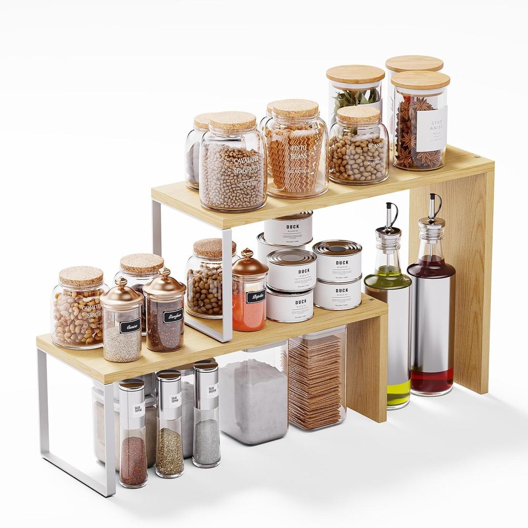 Cabinet Organizer Shelf, 2-Tier Kitchen Counter Organizer Corner Shelves Coffee Bar Organizers for Countertop Kitchen Storage Spice Rack (Natural Beige)