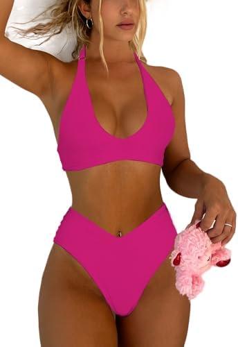 Syshrendy Women's Sexy High Leg Triangle Halter Bikini Set Padded Cup Bikini Cheeky Swimsuit V Cut Thong Bathing Suit Medium