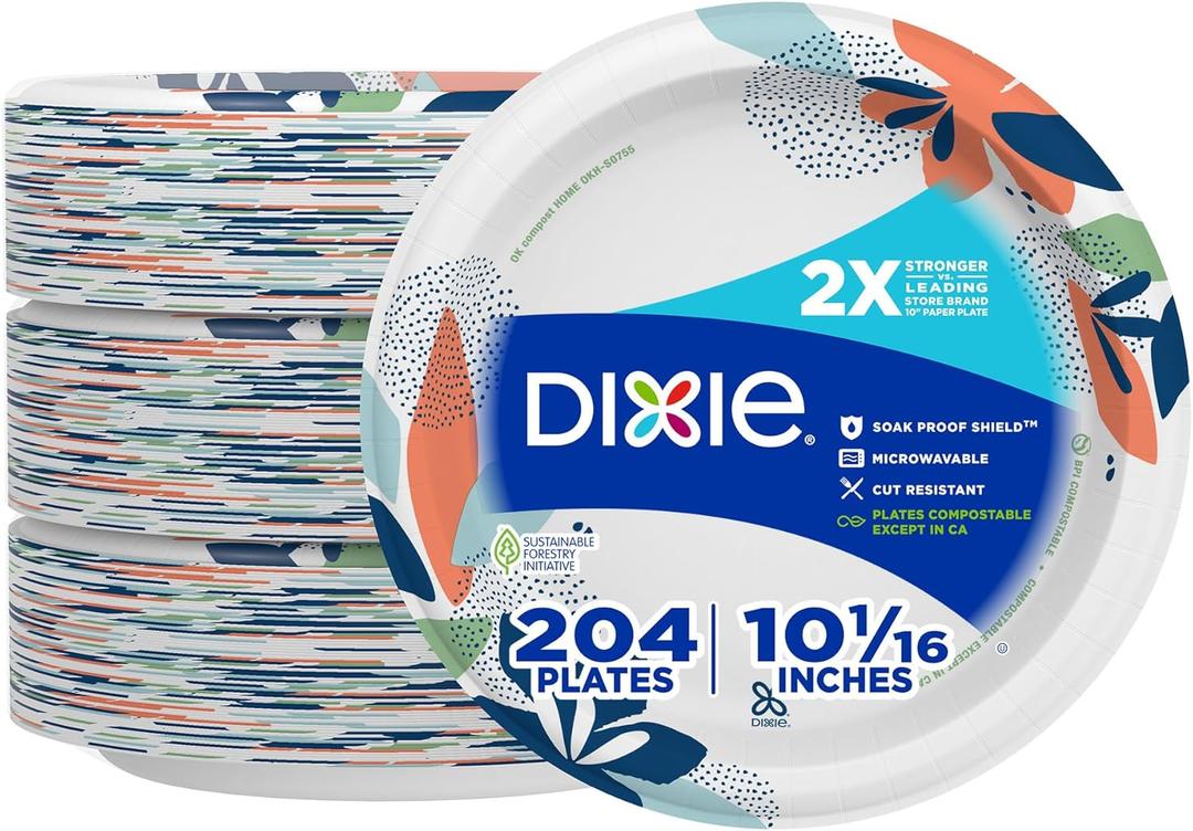 Dixie Large Paper Plates, 10 Inch, 204 Count, 2X Stronger*, Microwave-Safe, Soak-Proof, Cut Resistant, Disposable Plates For Everyday Breakfast, Lunch, & Dinner Meals