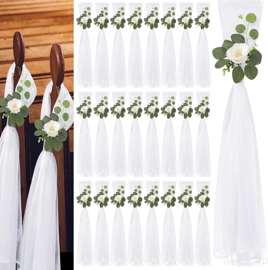24 Set Large Wedding Hydrangea/Gardenia Flowers with Long Tulle Tails, 31.5inch Church Chair Aisle Wedding Pew Decoration for Bridal Shower Reception Birthday Anniversary (Gardenia)