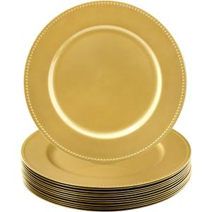 Okllen 12 Pack Plastic Gold Charger Plates, 13" Round Beaded Decorative Dinner Chargers for Wedding, Catering Event, Tabletop Decor