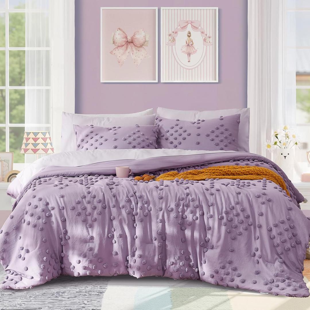 Geniospin Purple Queen Comforter Set for Girls- 7 Pieces Pom Tufted Bed in A Bag Queen Bedding Sets with Sheets, Pillowcases & Shams, All Season Kids Comforter Set