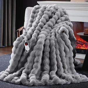 Anysay Heated Blanket Throw with 1/2/4/6/8 Hours Auto Off 10 Heat Level, 50'' * 60'' Cozy Faux Rabbit Fur Bubble Electric Blanket with Overheat Protection (Light Grey)