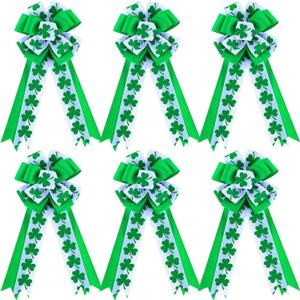 WILLBOND 6 Pcs St. Patrick's Day Wreath Bow Green Shamrock Satin Bow Gift, Clover Irish Holiday Ornament for Saint Patrick's Day Party Decor Door Wall Porch Indoor Outdoor Decoration