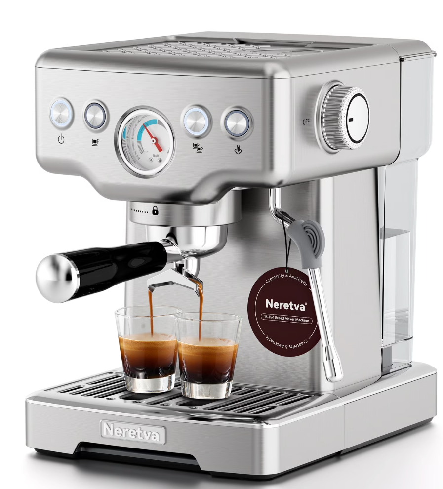 Neretva Espresso Machine, 15 Bar Espresso Coffee Machine with Visible Pressure Guage Professional Espresso Maker with Milk Frother & Stainless Steel for Home Barista Latte and Cappuccino Maker-Silver