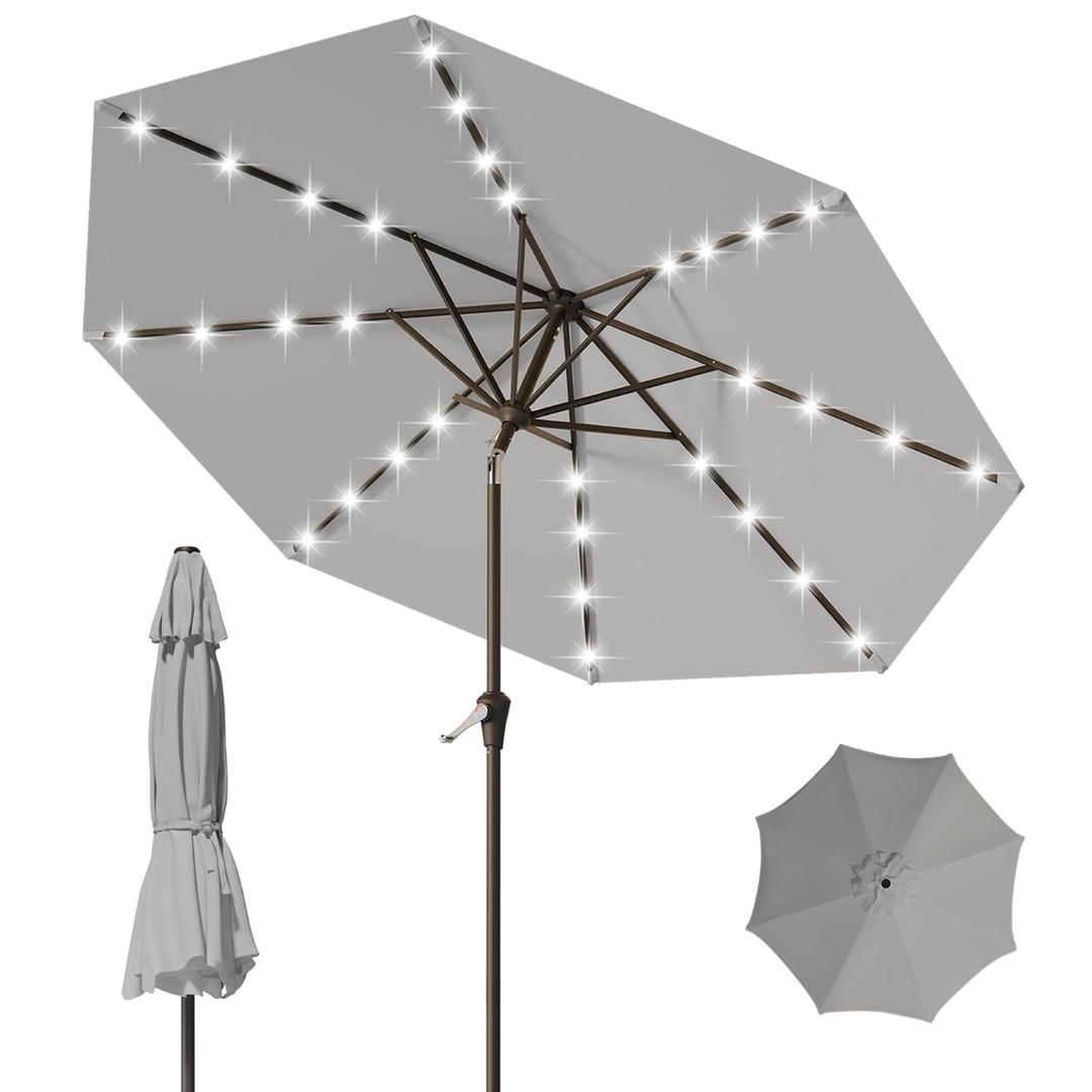 Tobeos 9FT Patio Umbrella with Solar Lights,Outdoor Market Umbrella with Tilt and Crank, LED Lighted Table Umbrella for Garden,Deck,Backyard,Pool,Beach