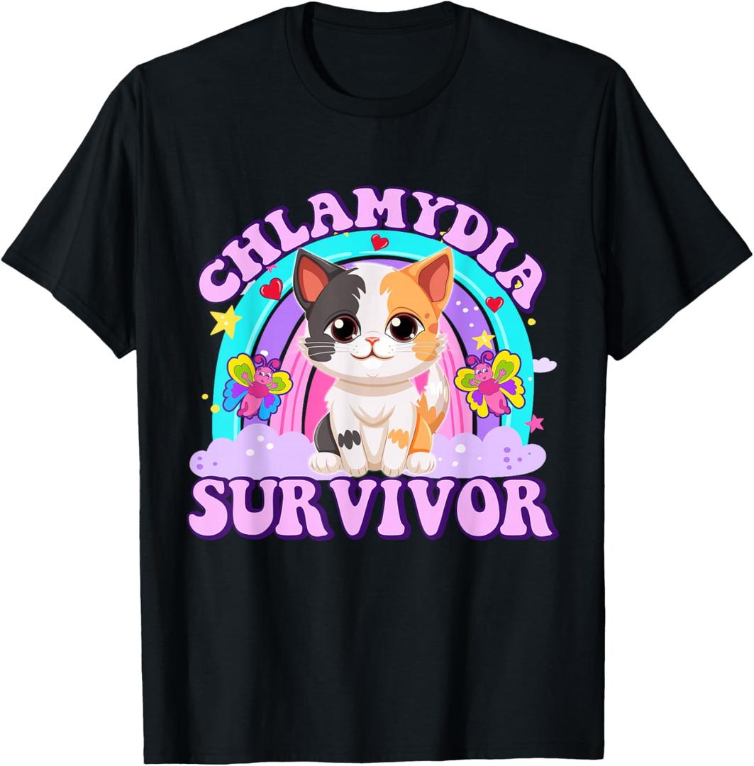 Chlamydia Survivor Funny Cat Sarcastic Y2K Inappropriate T-Shirt, Medium 
