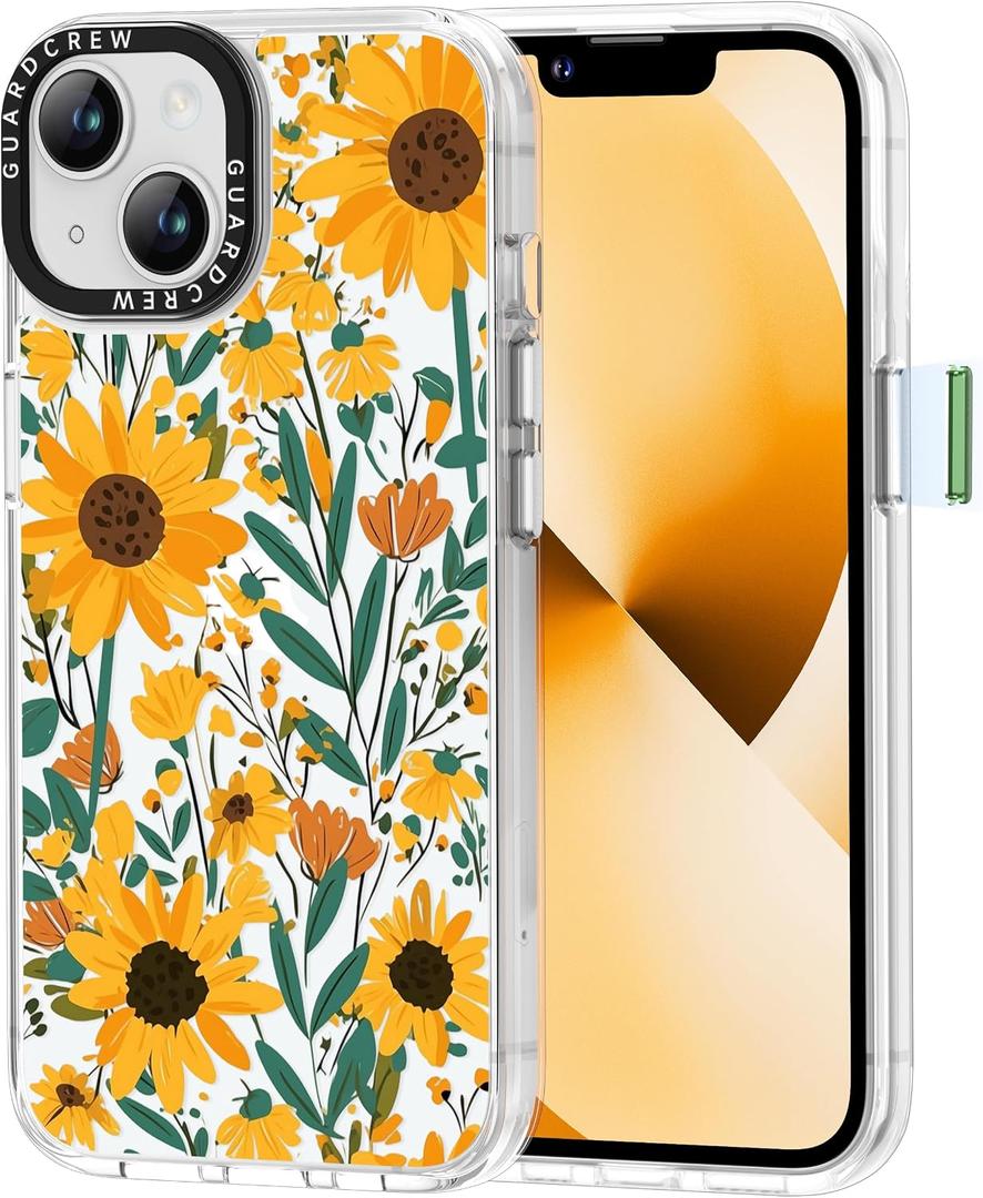 for iPhone 13 Case and iPhone 14 Case, [Sunflowers] Cool Aesthetic Pattern for Women, [11FT Military-Grade Drop Tested] Slim Crystal Clear Shockproof TPU Bumper Phone Cover, 6.1"