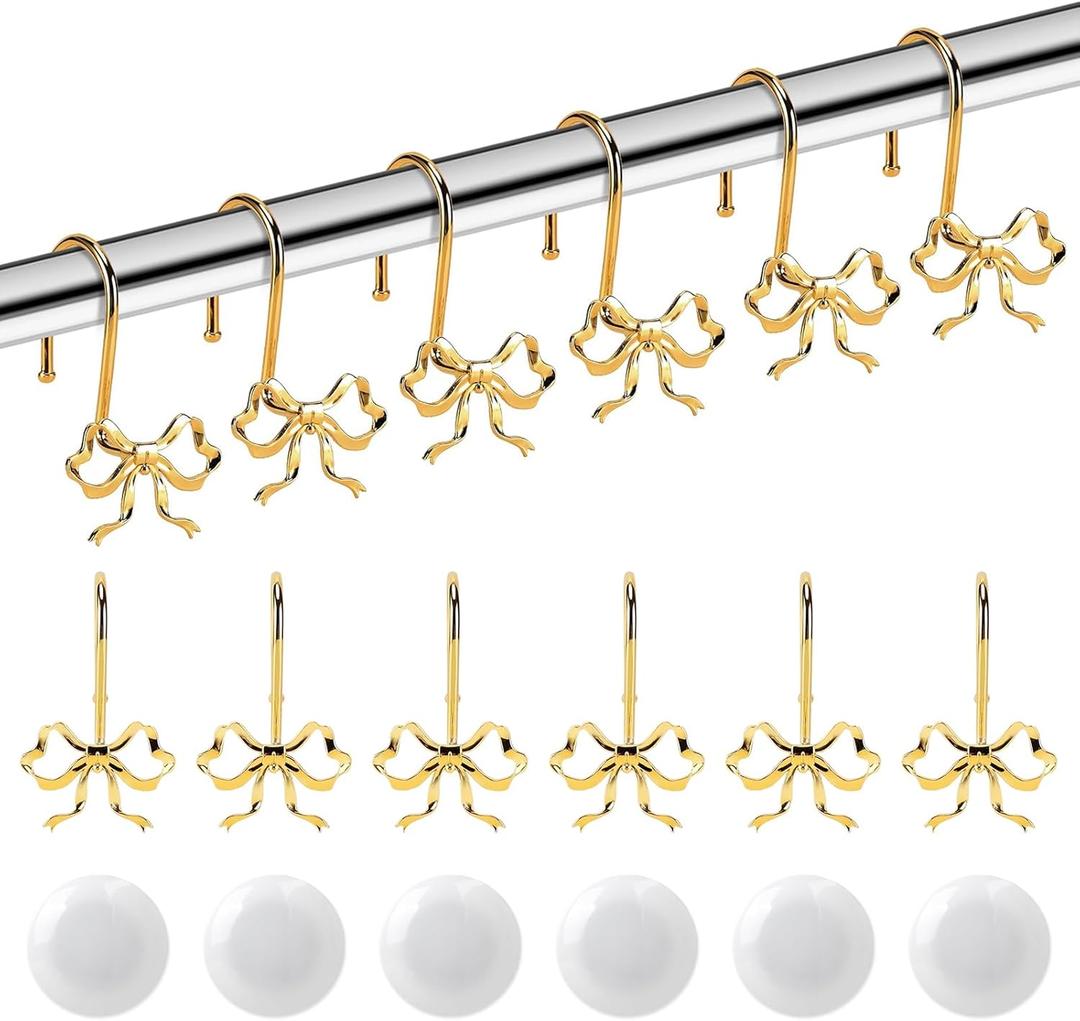 12 Pack Bow Shower Curtain Hooks,Decorative Rings with 12 Pcs Shower Curtain Weights,Metal Rustproof Bow Knot,Bow Curtain Hooks for Bathroom,Living & Nursery Room Art Decor Accessories(Gold)