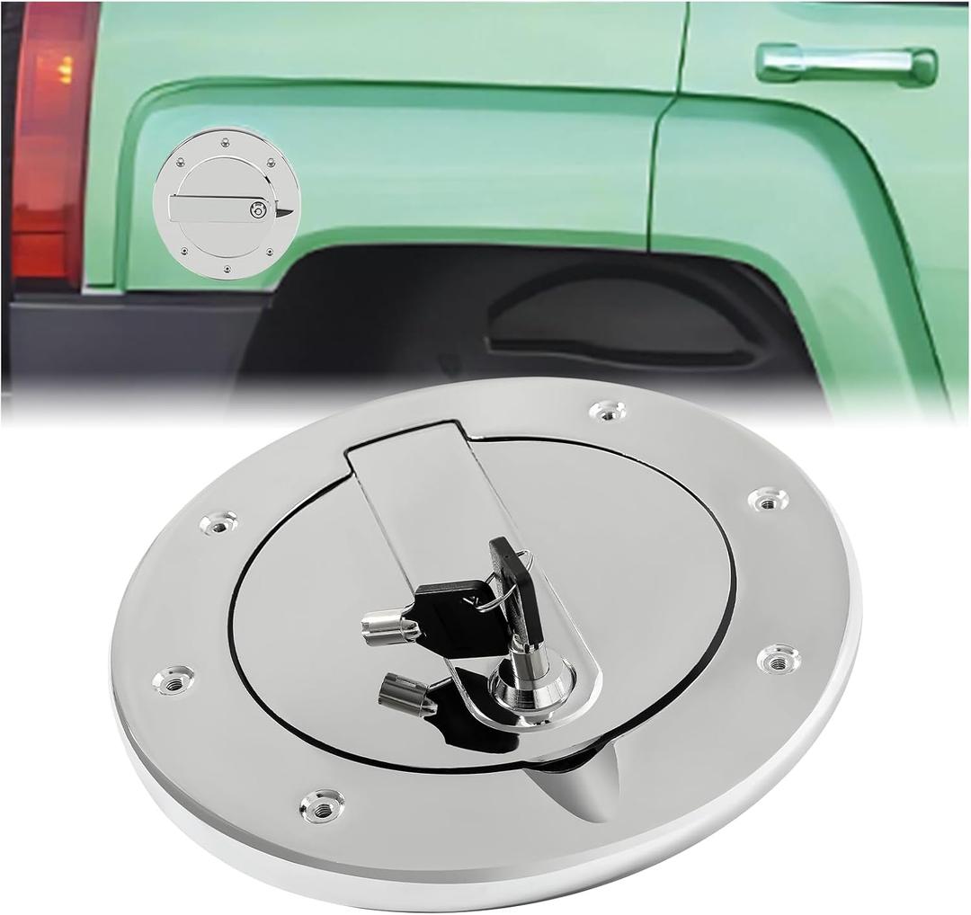 HECASA Locking Fuel Door Compatible with 2003-2010 Hummer H3 and H3T Gas Cap Tank Cover Heavy Duty Aluminum Chrome Silvery
