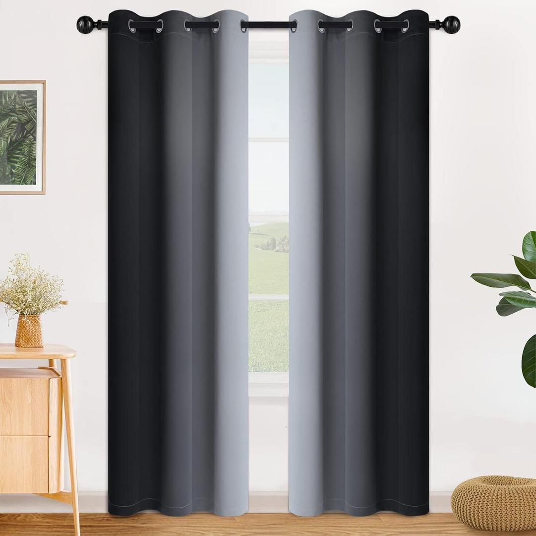 SimpleHome Ombre Room Darkening Curtains for Bedroom, Gradient Black to Grey White Light Blocking Thermal Insulated Grommet Window Curtain/Drapes for Living Room,2 Panels, 42x84 inches Length