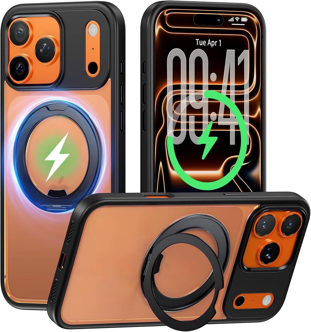 for iPhone 17Pro Max [6.9-Inch], Magnetic Matte Translucent Black Hard Case with 360° Rotatable Invisible Stand, MagSafe Compatible, Shockproof, Drop-Resistant, Anti-Fingerprint