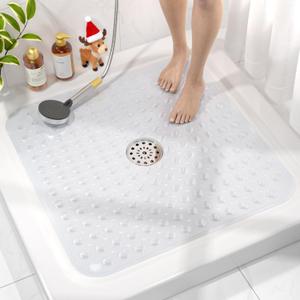 HITSLAM Shower Bathtub Mat Non Slip, 24"x 24" Bath Mat for Tub, Soft PVC Shower Mats for Inside Shower with Suction Cups and Center Drain Hole, Machine Washable Bathroom Floor Mat, Clear