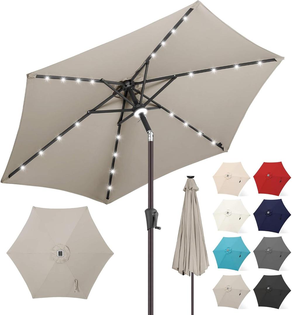FLAME&SHADE 7.5 FT Solar Light Patio Umbrella, 24 LED Lights Outdoor Umbrella with Centre Surround Light, Table Umbrella Outdoor Patio for Deck, Pool, Backyard, Garden, UV Protection (Taupe)