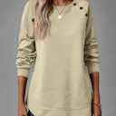 BLENCOT Crewneck Sweatshirt Long Sleeve Pullover Textured Fall Blouse Comfy | Button Business Casual Winter Blouse Loose Fit Oversized Shirts Outfits For Women Comfy Workout Tops Raglan Trendy Cozy Solid (Beige, XL)