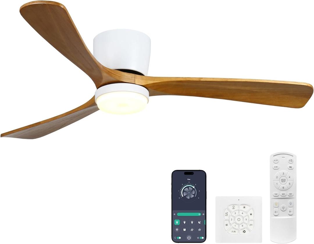 Ceiling Fans with Lights and Remote Control, 42 Inch Solid Wood Blade, Low Profile Flush Mount, LED Dimmable DC Reversible Modern Ceiling Fans with APP Control for Bedrooms, Living Rooms, Patio, White