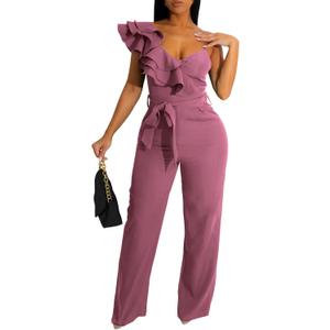 Kaimimei Womens Casual Jumpsuits Ruffle One Shoulder Wide Leg Belted Romper (Pink, XL)