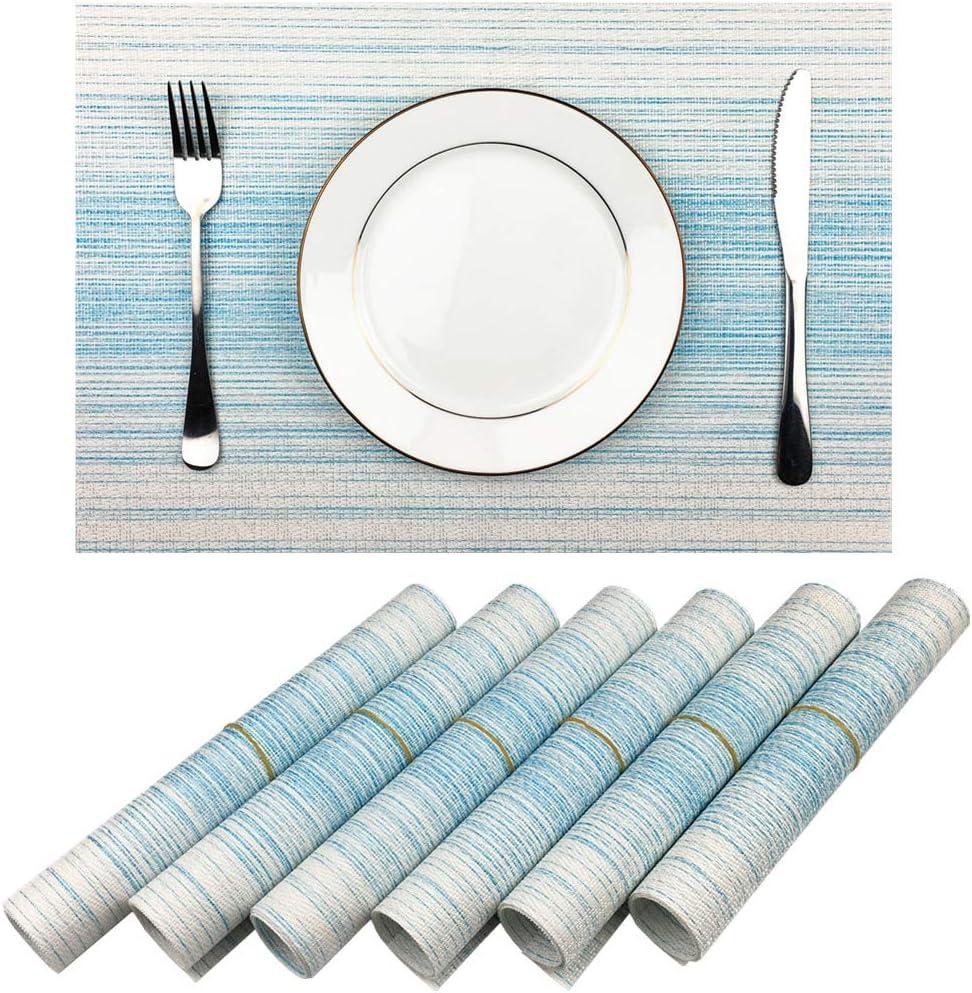 Placemat,Blending Color Durable Woven Vinyl Placemat Washable Heat-Resistant Anti-Skid Kitchen Dining Table Mats (Set of 6, Blue with White)