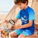 Boys Two Piece Rash Guard Swimsuits Sets Bathing Suits with Trunks 4-12 Years (9-10 Years, B1 Blue)