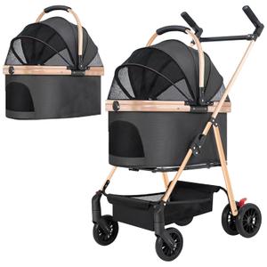 3 in 1 Folding Pet Stroller, Foldable Dog Jogger & Travel Carrier, Easy Lock NO-Zip Canopy, Detachable Carrier & Storage Basket for Small/Medium Dogs & Cats (Black, 44 lbs, 4 Wheels)