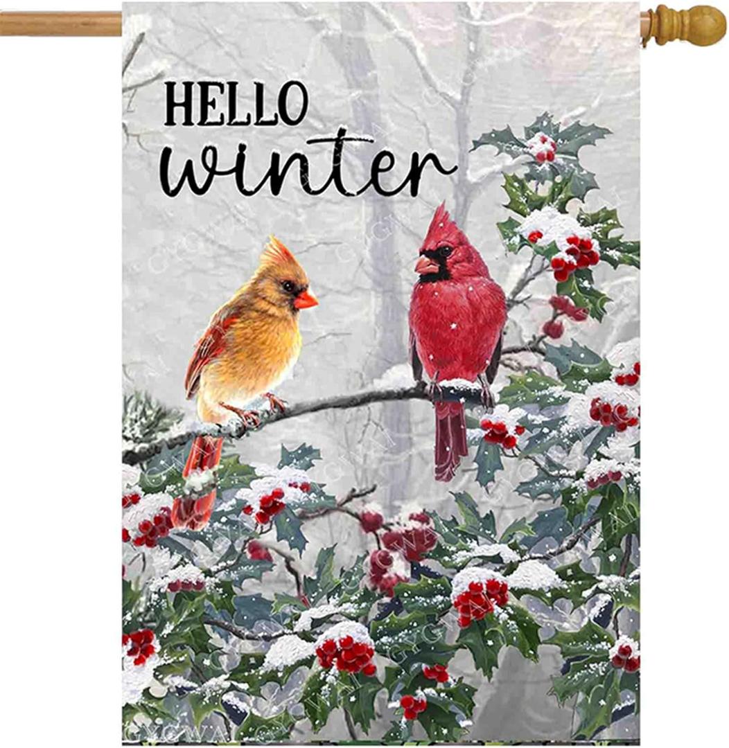 Hello Winter House Flags for Outside, Cardinal Christmas Garden Flag 28x40 Inch Double Sided, Pine Twigs Berry Large Burlap Yard Flag for Outdoor Winter Decorations