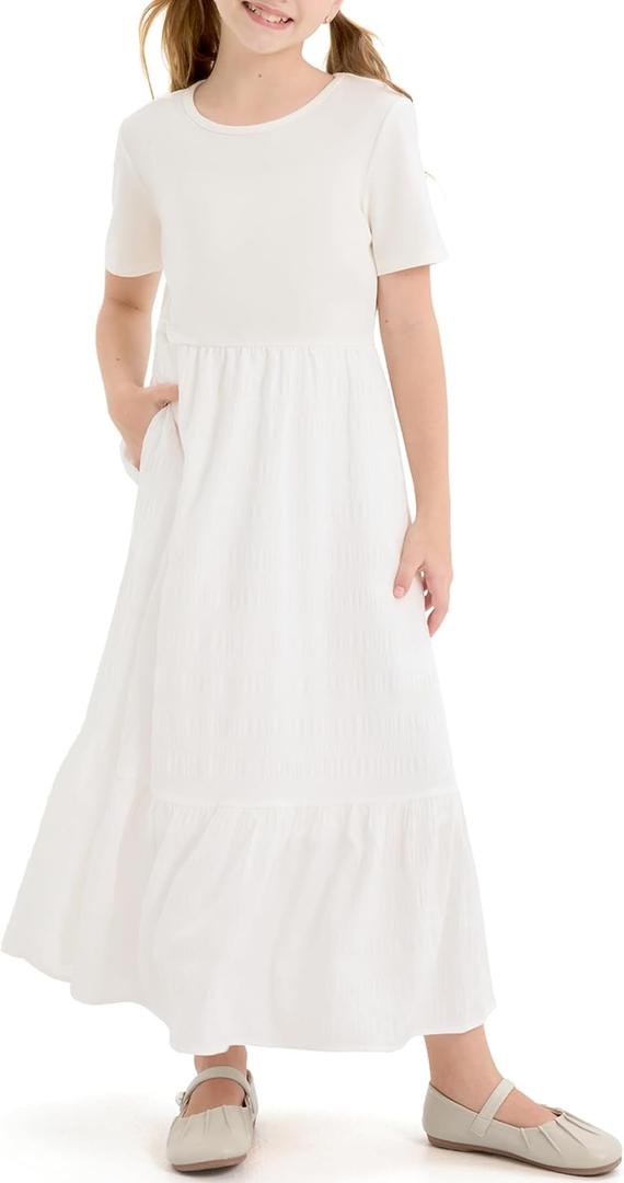PATPAT Girl's Maxi Dress Boho Short Sleeve Long Dresses Casual Sundress with Pockets 5-14 Years (10-11 Years, White)