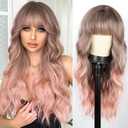 BOGSEA Ombre Pink Wig with Bangs Long Wavy Wigs for Women 26 Inch Middle Part Synthetic Heat Resistant Fiber Wigs for Daily Party Use (Pink)