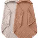 2 Pack Hooded Baby Towels - 100% Muslin Cotton for Newborns, Infants, Toddlers - Large 32x32 Inch Size - Highly Absorbent and Essential for Newborn Care, Light Bean Paste